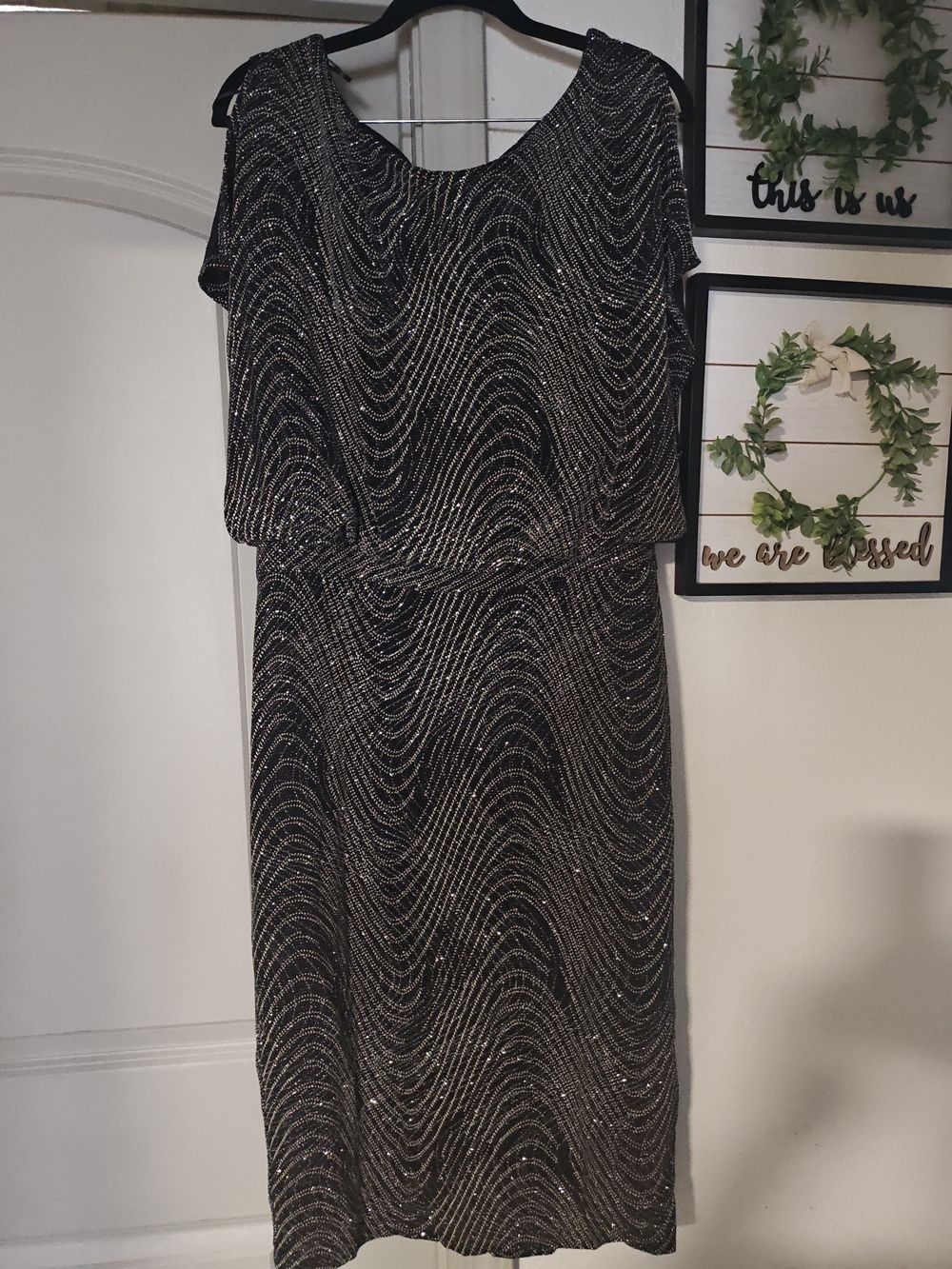 Black Metallic Wave-Detail Midi Dress